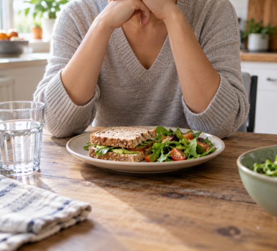 Persona sentada ante un plato de comida con las manos juntas